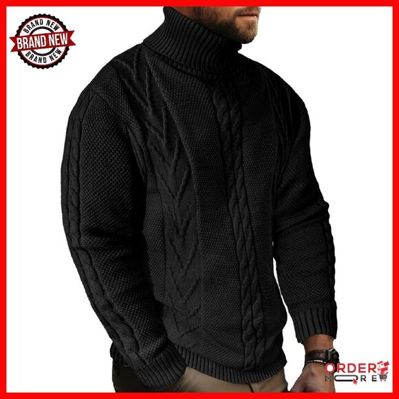 Men's Turtleneck Cable Knit Pullover Sweater - Soft Ribbed Thermal
